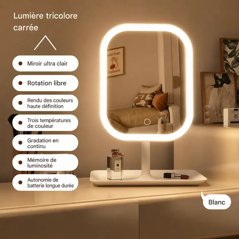 Miroir Maquillage LED Tricolore Tactile Rechargeable AROSA — Rotation 360°