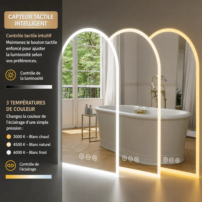 Miroir Arche LED Rectangulaire — Luminosité Réglable, Tactile | PIRAN