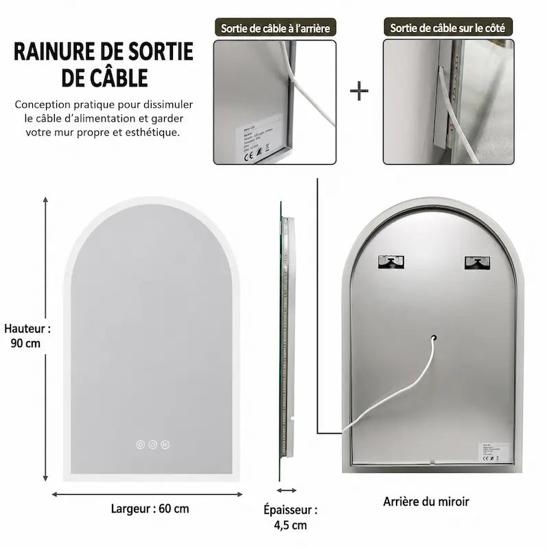 Miroir Arche LED Rectangulaire — Luminosité Réglable, Tactile | PIRAN