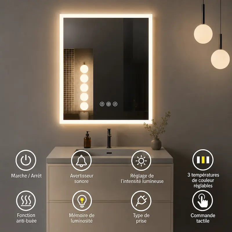Miroir Rectangulaire LED 50x40cm — 3 Couleurs, Horizontal/Vertical | COMALA