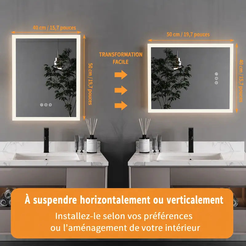 Miroir Rectangulaire LED 50x40cm — 3 Couleurs, Horizontal/Vertical | COMALA