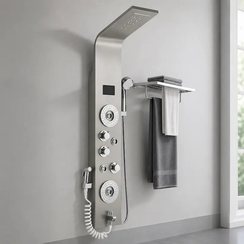 Colonne de Douche Hydromassante Noir — Écran LED, Jets & Porte-Serviette | ARNHEM