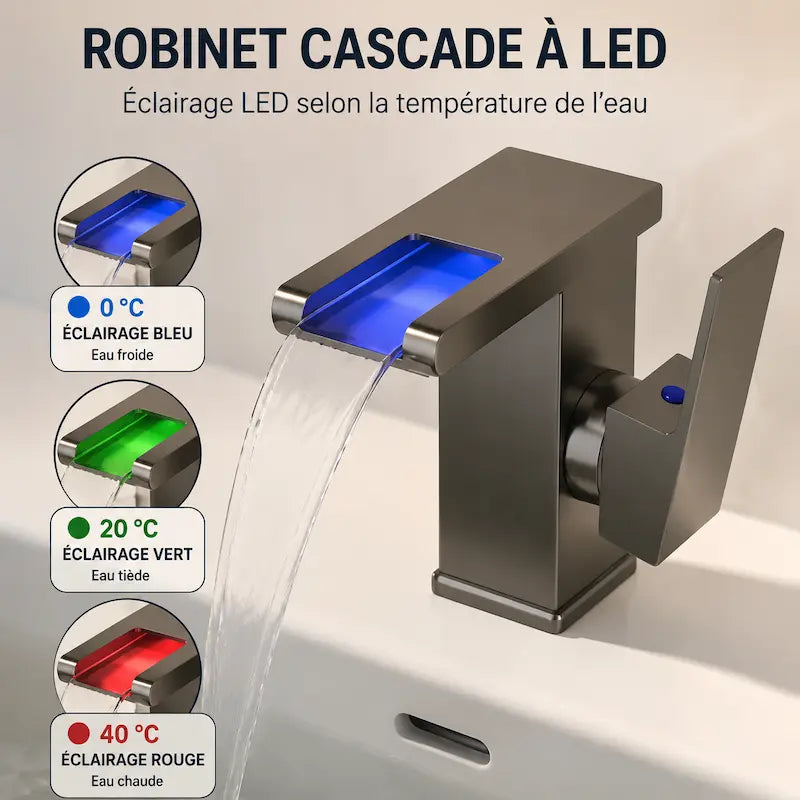 Robinet Cascade LED Noir avec Indicateur de Température | PUEBLA