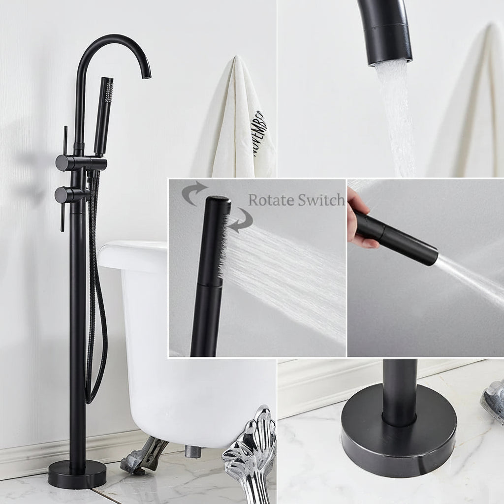 Robinet de Baignoire sur Pied avec Douchette à Main — Noir Mat | KLARALVEN
