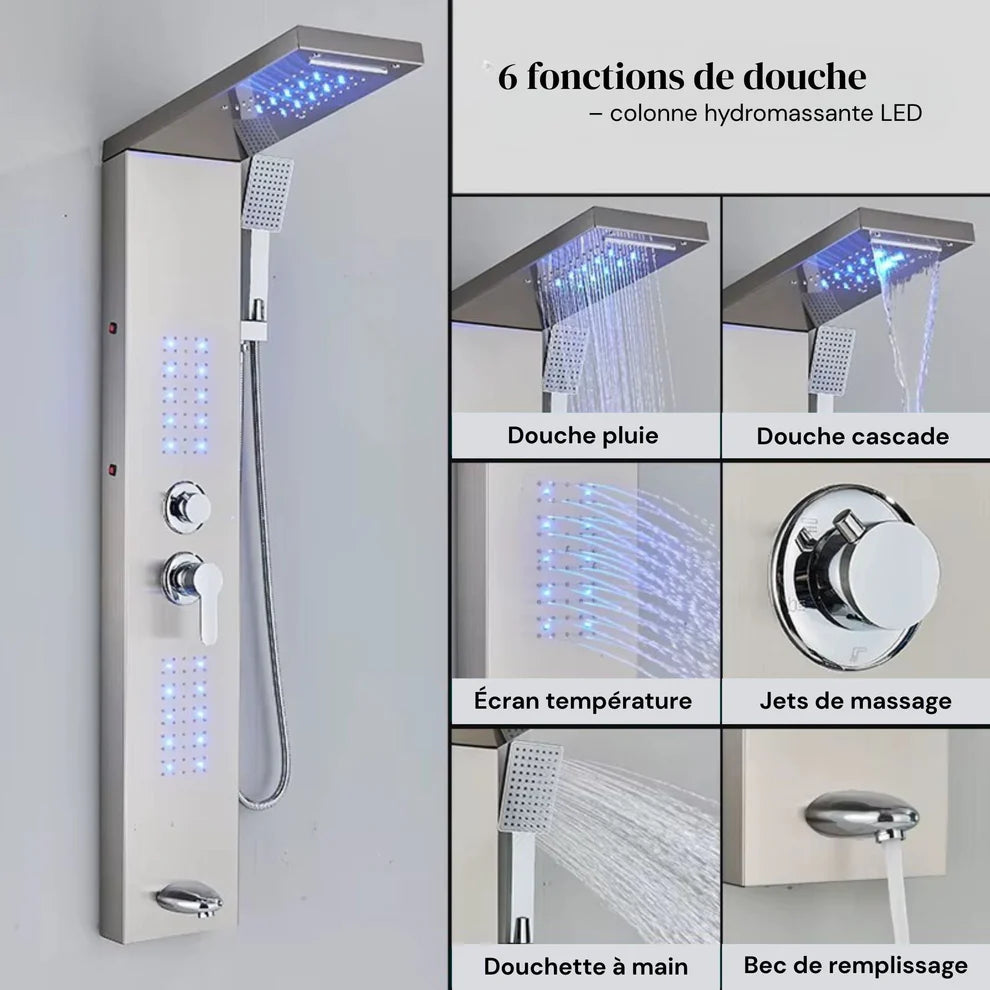 Colonne de Douche Hydromassante LED — Pluie, Cascade & Jets de Massage | TARTU