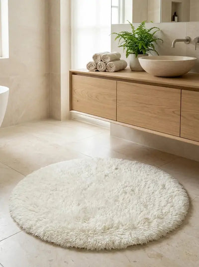 Tapis de Bain Rond Moelleux Antidérapant – Blanc, Effet Fourrure