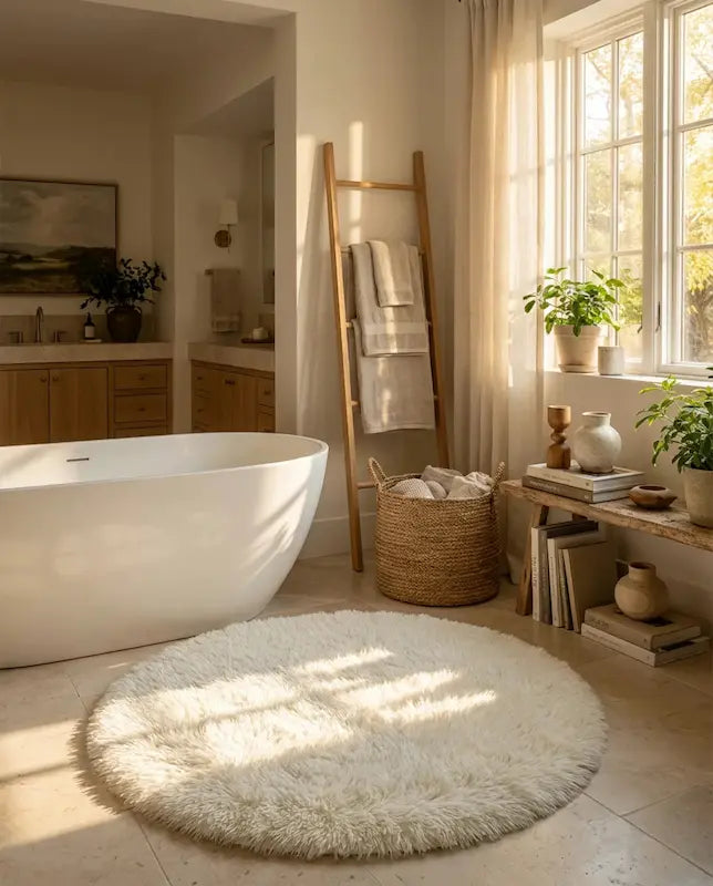 Tapis de Bain Rond Moelleux Antidérapant – Blanc, Effet Fourrure