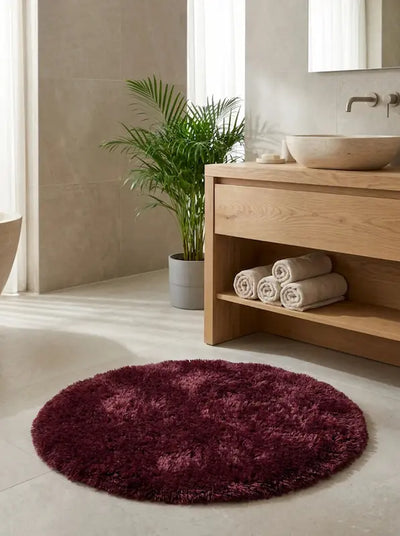 Tapis de Bain Rond Moelleux Antidérapant – Bordeaux, Effet Fourrure