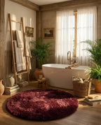 Tapis de Bain Rond Moelleux Antidérapant – Bordeaux, Effet Fourrure