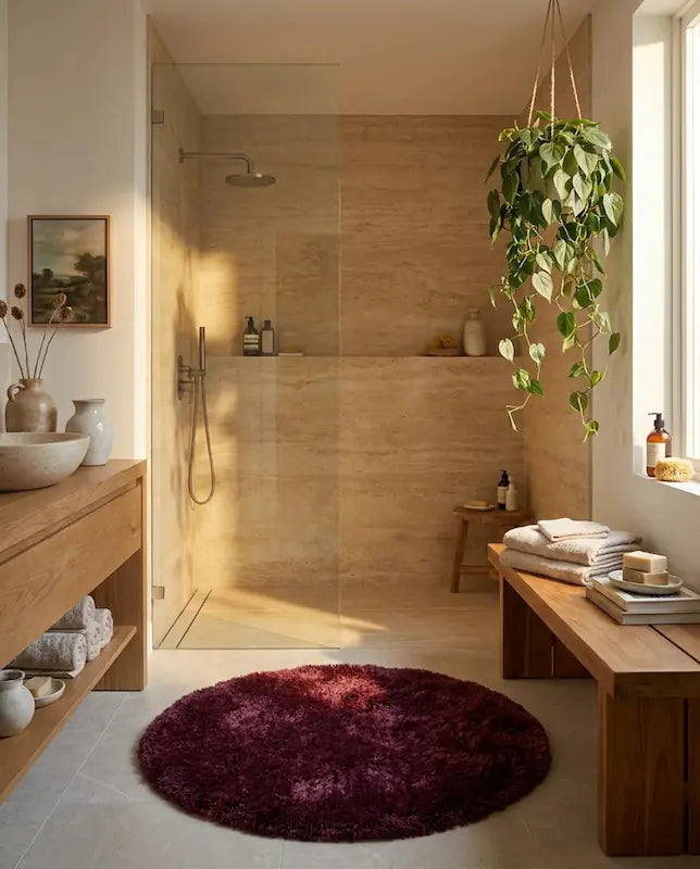 Tapis de Bain Rond Moelleux Antidérapant – Bordeaux, Effet Fourrure