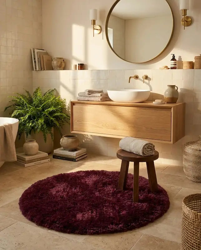 Tapis de Bain Rond Moelleux Antidérapant – Bordeaux, Effet Fourrure