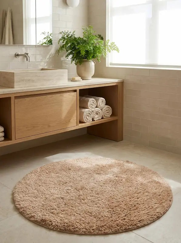 Tapis de Bain Rond Moelleux Antidérapant – Camel, Effet Fourrure