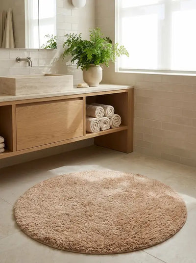 Tapis de Bain Rond Moelleux Antidérapant – Camel, Effet Fourrure