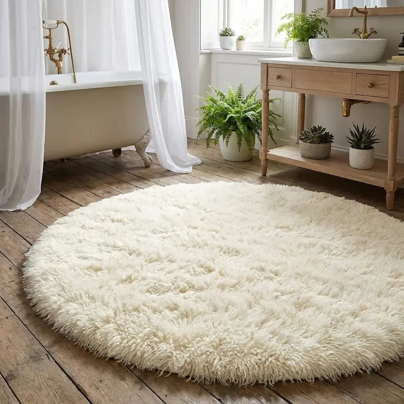 Tapis de Bain Rond Moelleux Antidérapant – Blanc, Effet Fourrure