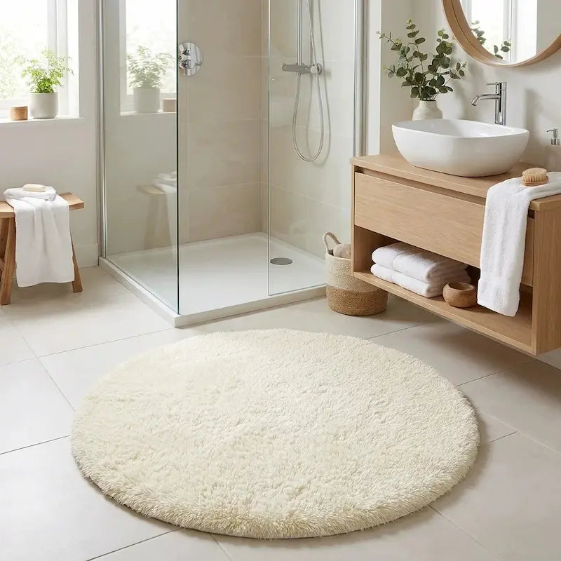 Tapis de Bain Rond Moelleux Antidérapant – Blanc, Effet Fourrure