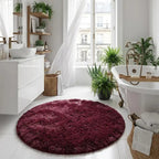 Tapis de Bain Rond Moelleux Antidérapant – Bordeaux, Effet Fourrure