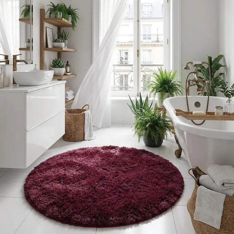 Tapis de Bain Rond Moelleux Antidérapant – Bordeaux, Effet Fourrure