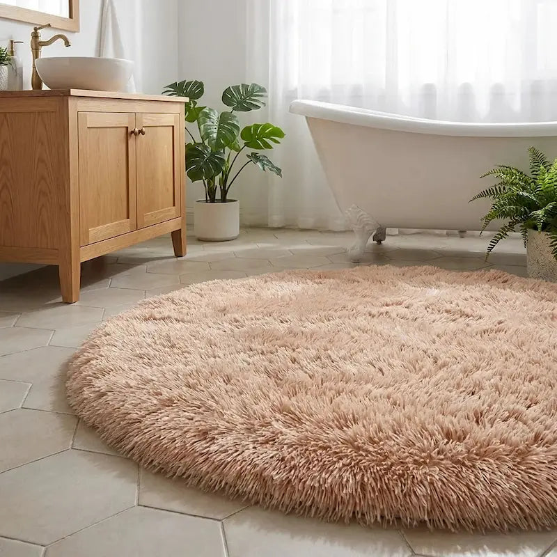 Tapis de Bain Rond Moelleux Antidérapant – Camel, Effet Fourrure