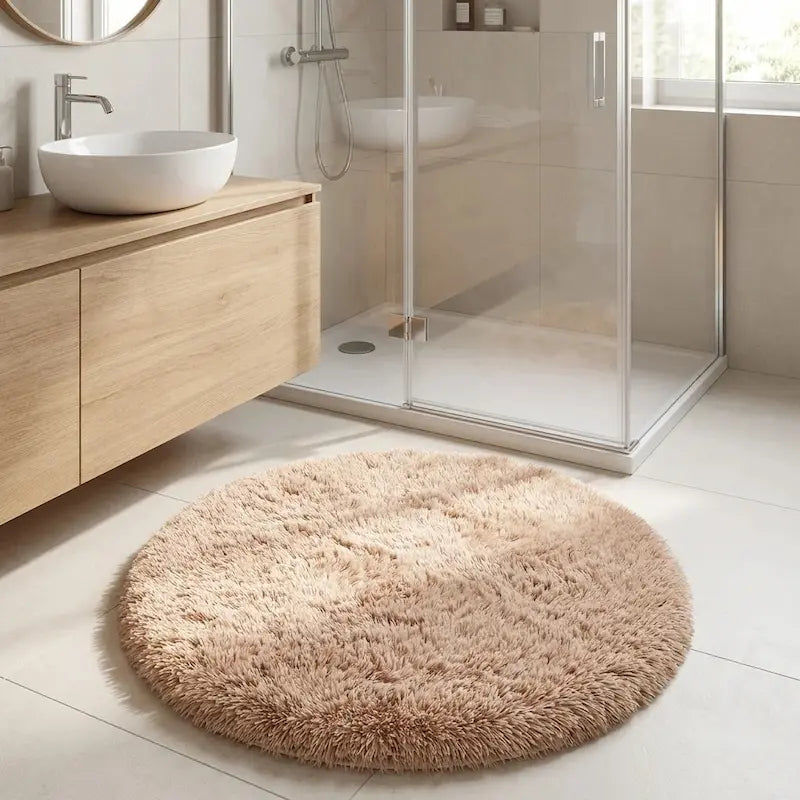 Tapis de Bain Rond Moelleux Antidérapant – Camel, Effet Fourrure