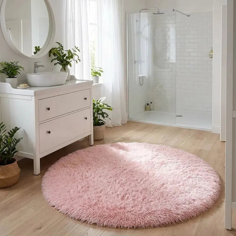 Tapis de Bain Rond Moelleux Antidérapant – Rose, Effet Fourrure