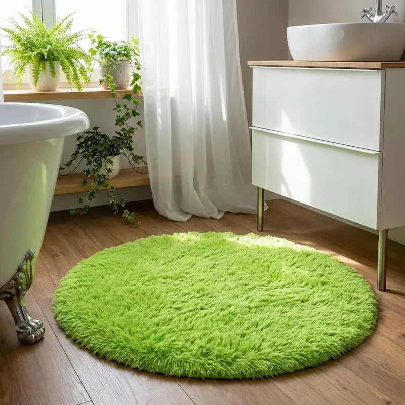 Tapis de Bain Rond Moelleux Antidérapant – Vert, Effet Fourrure