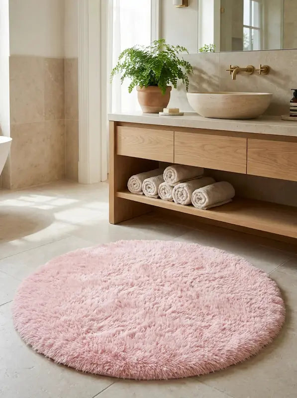 Tapis de Bain Rond Moelleux Antidérapant – Rose, Effet Fourrure