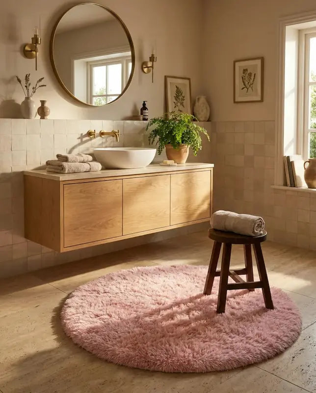 Tapis de Bain Rond Moelleux Antidérapant – Rose, Effet Fourrure