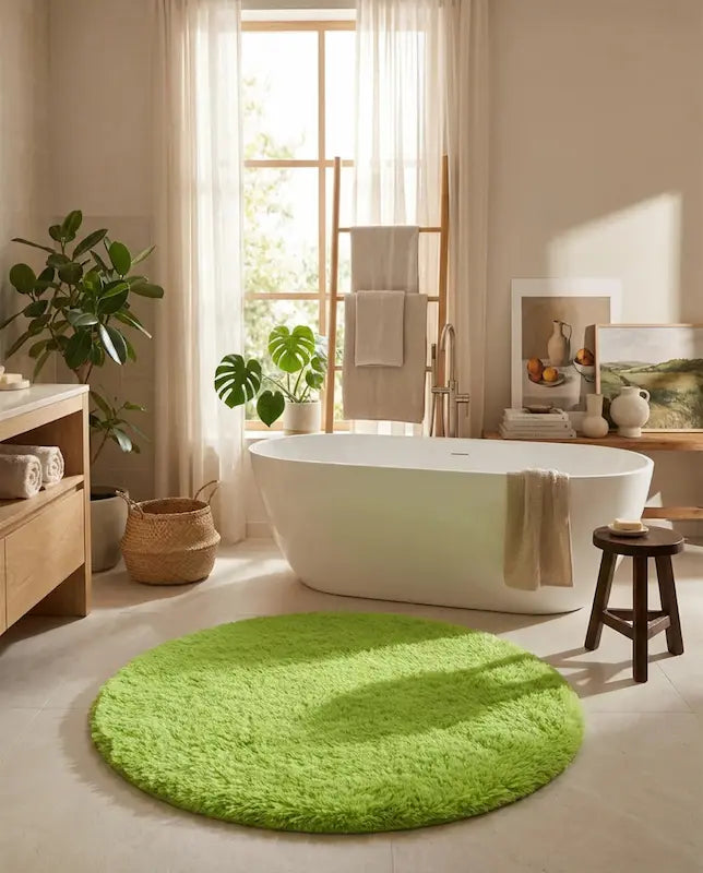 Tapis de Bain Rond Moelleux Antidérapant – Vert, Effet Fourrure