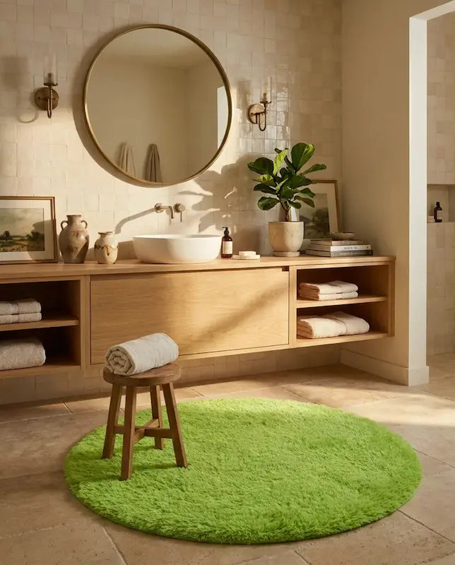Tapis de Bain Rond Moelleux Antidérapant – Vert, Effet Fourrure
